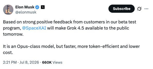 SpaceX股价迎上行催化马斯克官宣:Grok4.5明日向公众开放